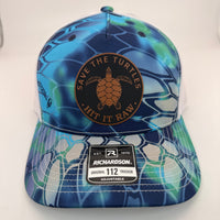 Richardson 112 snapback hat featuring "Save The Turtles, Hit it Raw" leather patch on a Kyptec Pontus and white Richardson 5 panel Hat