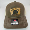 Richardson 112FP patch hat in chocolate chip brown with birch mesh, featuring a laser-engraved leather patch reading "MAKE CHEVY SQUARE AGAIN" on the front panel.