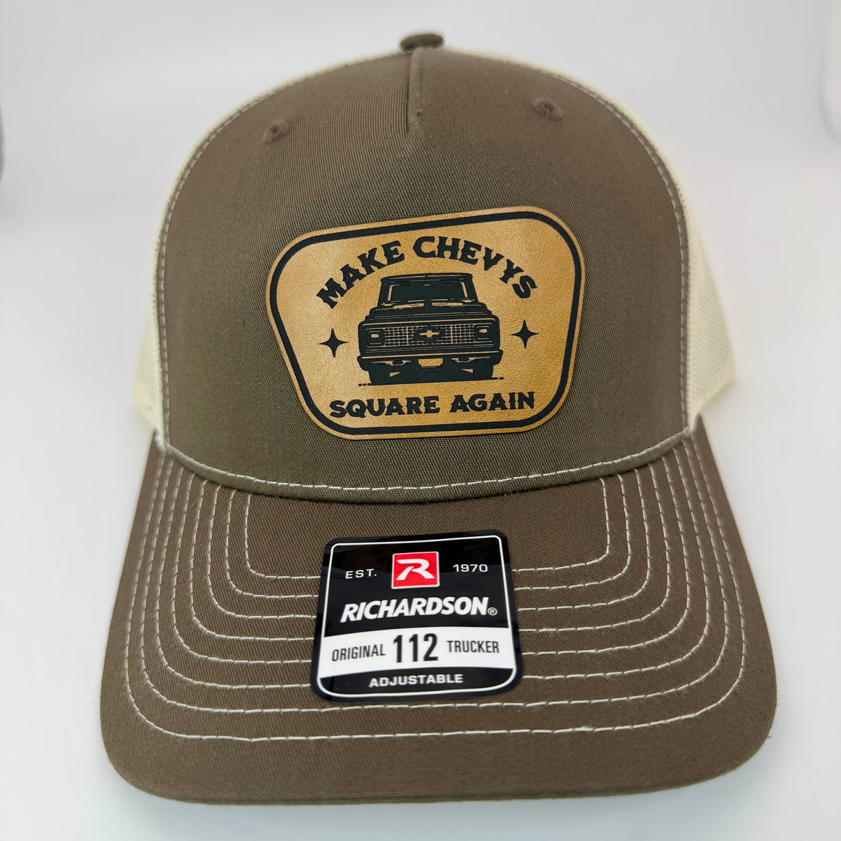 Richardson 112FP patch hat in chocolate chip brown with birch mesh, featuring a laser-engraved leather patch reading "MAKE CHEVY SQUARE AGAIN" on the front panel.