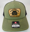 Richardson 112FP patch hat in loden green with black mesh, featuring a laser-engraved leather patch reading "MAKE CHEVY SQUARE AGAIN" on the front panel.
