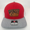 Red, white, and heather grey Richardson 112 trucker hat with a “Little Pecker Club” patch on the front.