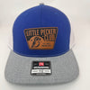 Royal, White, and Heather grey Richardson 112 trucker hat with a “Little Pecker Club” patch on the front.