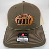 Richardson 112 patch hat in chocolate chip with birch mesh, featuring a laser-engraved leather patch reading "Hoochie Daddy" on the front panel.