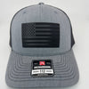 Richardson 112FP trucker hat with custom laser engraved leather patch featuring The Black USA Flag, Heather Grey and Black Mesh color scheme