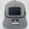 Richardson 112FPR trucker hat with custom laser engraved leather patch featuring The Black USA Flag, Heather Grey, Black Mesh, and Black Rope color scheme