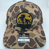 Richardson 112 trucker hat with custom laser engraved leather patch featuring BirdDog logo, Bark Duck Camo and Brown Mesh Color scheme