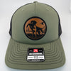 Richardson 112FP trucker hat with custom laser engraved leather patch featuring BirdDog logo, Loden Green and Black Mesh Color scheme