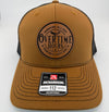 Richardson 112 trucker hat with custom laser engraved leather patch featuring Overtime Hours, Working All Day For Bullshit Pay logo, Carmel and Black color scheme