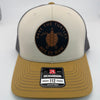 Richardson 112 trucker hat with custom laser engraved leather patch featuring Save the Turtles, Hit it Raw logo, Mink Beige, Charcoal, and Amber Gold 
color scheme