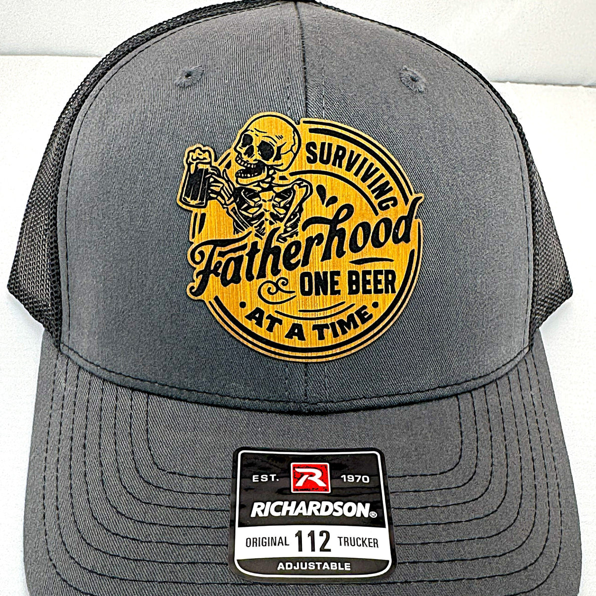 Custom Hats Richardson Charcoal - Black Surviving Fatherhood One Beer at a Time 112 Richardson Custom Patch Hats Patch Hat