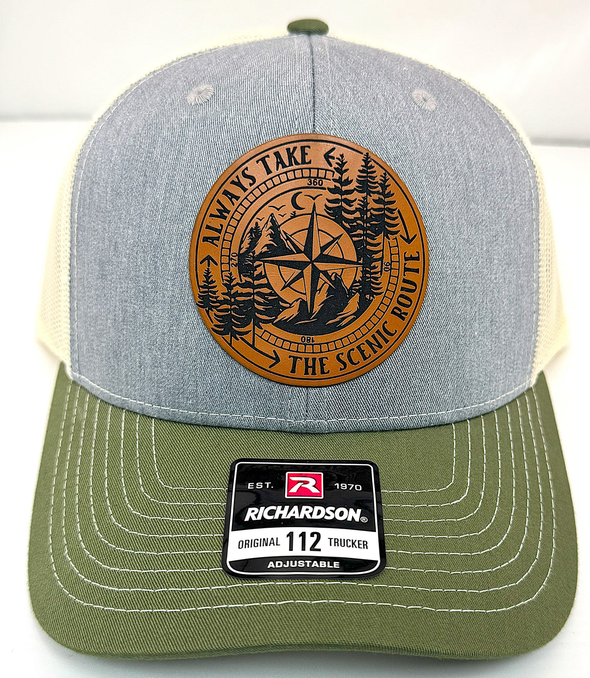 Custom Hats Richardson Heather Grey - Birch - Army Olive Always Take The Scenic Route 112 Richardson Custom Patch Hats Patch Hat